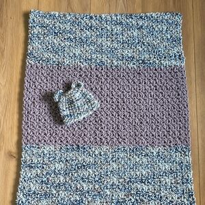 Handmade Blue and Grey Knit Blanket with Hat